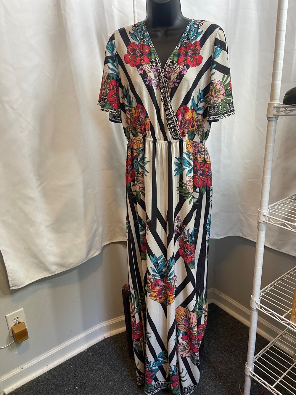 Flying Tomato Cream Maxi Jumpsuit with Black Stripes and Multicolor Floral